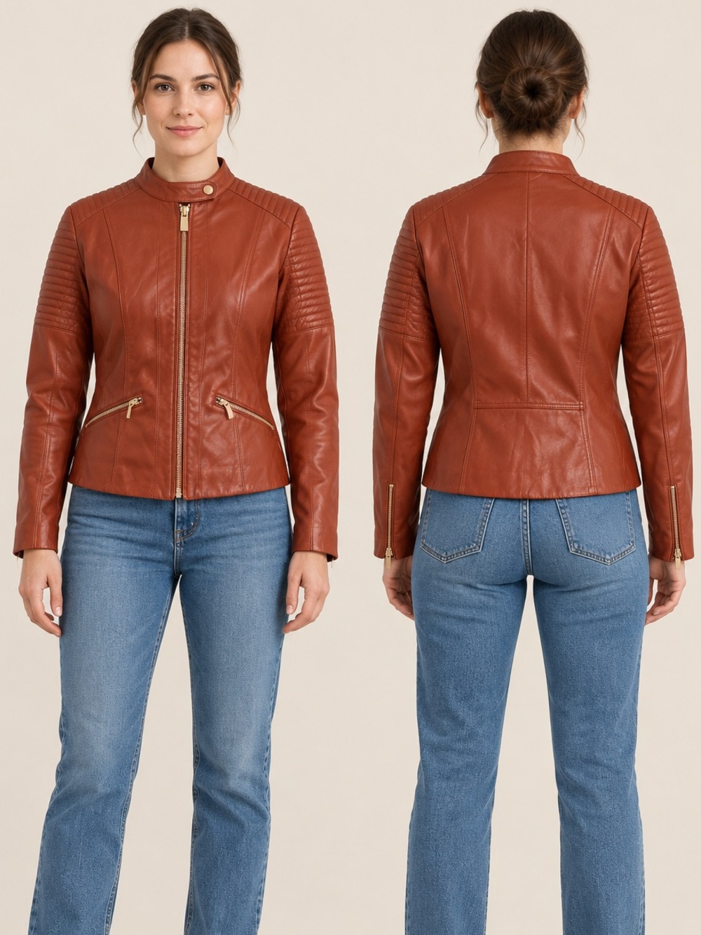 New York & Company Quilted Faux Leather Moto Jacket Cognac Brown Size M